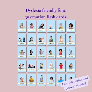30 carte delle emozioni con font adatti ai dislessici, poster dei sentimenti e opzione di flashcard a basso inchiostro incluse, immagini fotografiche, amplia il vocabolario del tuo bambino