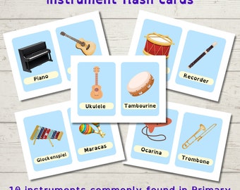 Pack 1-Dyslexia/ Autism Friendly Musical Instrument Flashcards- Common Instruments found in UK Primary School- Music Teacher- Home Education