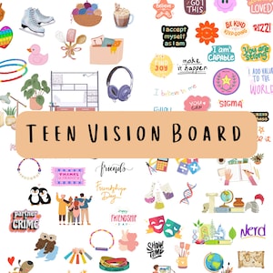 May include: A colorful vision board with various images and text, including a pair of headphones, a plant, a globe, a calculator, a DNA strand, a pair of penguins, a pair of theater masks, a book, a compass, a globe, and the text "TEEN VISION BOARD".