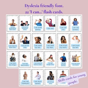 Könnte beinhalten: Ein Satz von 22 bunten Lernkarten mit Bildern und Text in einer dyslexiefreundlichen Schriftart. Jede Karte zeigt eine Person, die eine Fähigkeit demonstriert, mit dem Text "Ich kann..." gefolgt von der Fähigkeit. Die Karten sind dazu gedacht, jungen Menschen zu helfen, wichtige Fähigkeiten zu lernen und zu entwickeln.