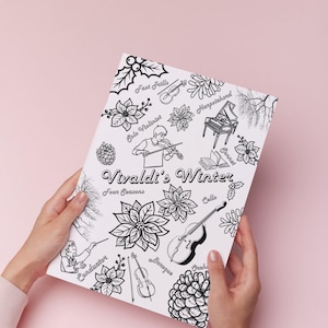 May include: A white book cover with black line drawings of musical instruments, flowers, and a conductor. The text "Vivaldi's Winter Four Seasons" is in a decorative font. The background is a solid pink colour.