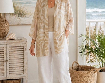 Chicos Sheer Kimono Cardigan Size 1 Beige Neutral Zebra Print Open Front Sheer