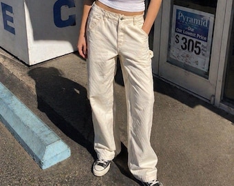 90s Carpenter Jeans Cream Utility Pants S.O.N.G Boyfriend Fit Size 7/28 Y2K