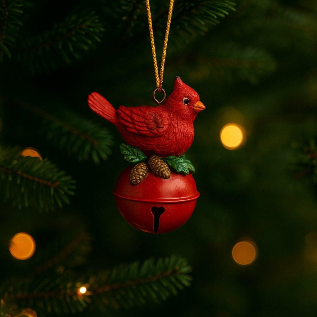 VINTAGE 90s Set of 12 Cardinal Bird Jingle Bell Ornaments Resin & Metal ...