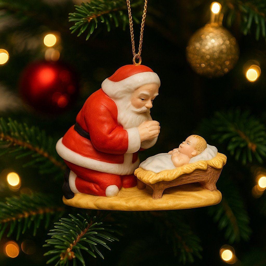Céramique Biscuit (Bisque) Prête à Peindre - Père Noël Agenouillé Avec Jouet Et Jésus Dans Une Crèche