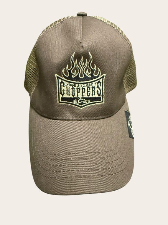 Orange County Choppers OCC Flame Trucker Hat Brown Mesh Snapback Y2K Biker Cap