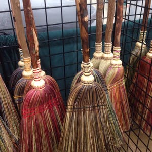 Kitchen Broom, hand tied out of hand dyed broomcorn on sustainably harvested on Ozark hardwood handles