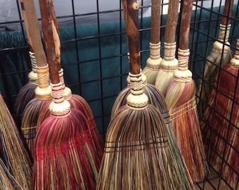 Kitchen Broom, hand tied out of hand dyed broomcorn on sustainably harvested on Ozark hardwood handles