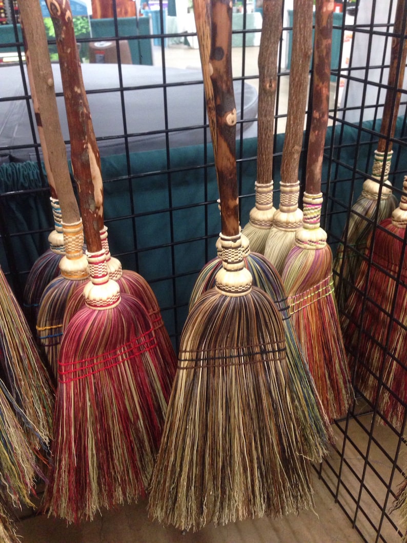 Kitchen Broom, hand tied out of hand dyed broomcorn on sustainably harvested on Ozark hardwood handles