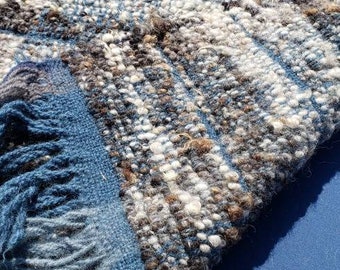 Wool Rug, Handwoven, Luna's Natural Handspun Jacob Sheep Fleece on Blue Warp #laprug