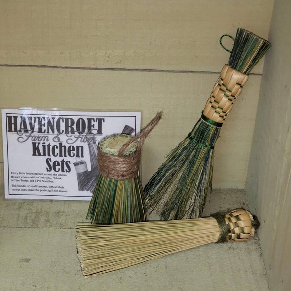 Havencroft Farm Mini Broom Kitchen Set, Cake Tester, Corn Silker, Pot Scrubber. Handtied Broomcorn. Decorative & Very Functional