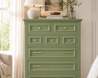 Refinished Solid Wood in Sage Muted  Green Color, Tall Dresser w New Brushed Gold knobs