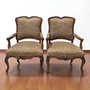 Vintage French Provincial Armchairs: Ornate Louis XV Style Damask Chairs