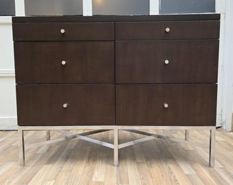 SOLD Mid-Century Modern Walnut Dresser, 6-Drawer Chest, Metal Base Minimalist Bedroom Storage (NR25347)