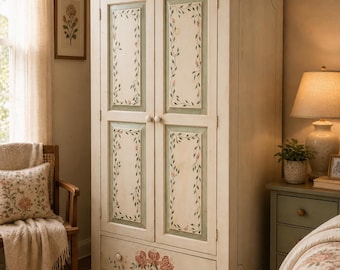Vintage Floral Armoire Cottage Style Painted Wardrobe Shabby Chic 26-0111