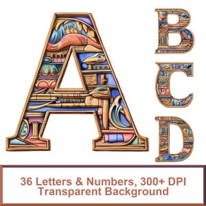 Fuente del alfabeto egipcio PNG: 36 letras y números / Alta resolución, transparente, fuente de lujo, descarga digital, jeroglíficos, alfabeto antiguo