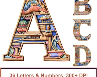 May include: A, B, C, and D in a decorative font with an Egyptian theme. The letters are gold with blue, pink, and brown accents. The letters are on a white background. 36 Letters & Numbers, 300+ DPI Transparent Background
