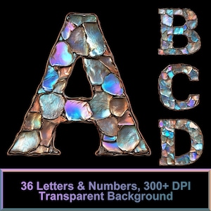 May include: A, B, C, and D letters made of iridescent mosaic tiles on a black background. 36 Letters & Numbers, 300+ DPI Transparent Background.