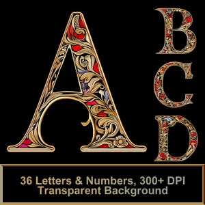 Alfabeto bizantino PNG: 36 letras y números / Alta resolución, transparente, fuente de lujo, descarga digital, letras antiguas, tipografía elegante
