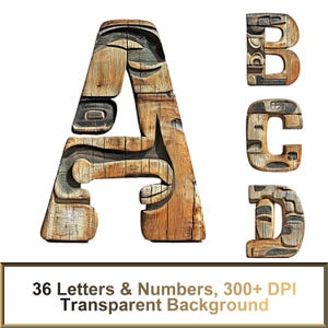 Alphabet d'inspiration haïda PNG – 36 lettres et chiffres | Police de caractère de luxe transparente haute résolution, téléchargement numérique, lettres sculptées