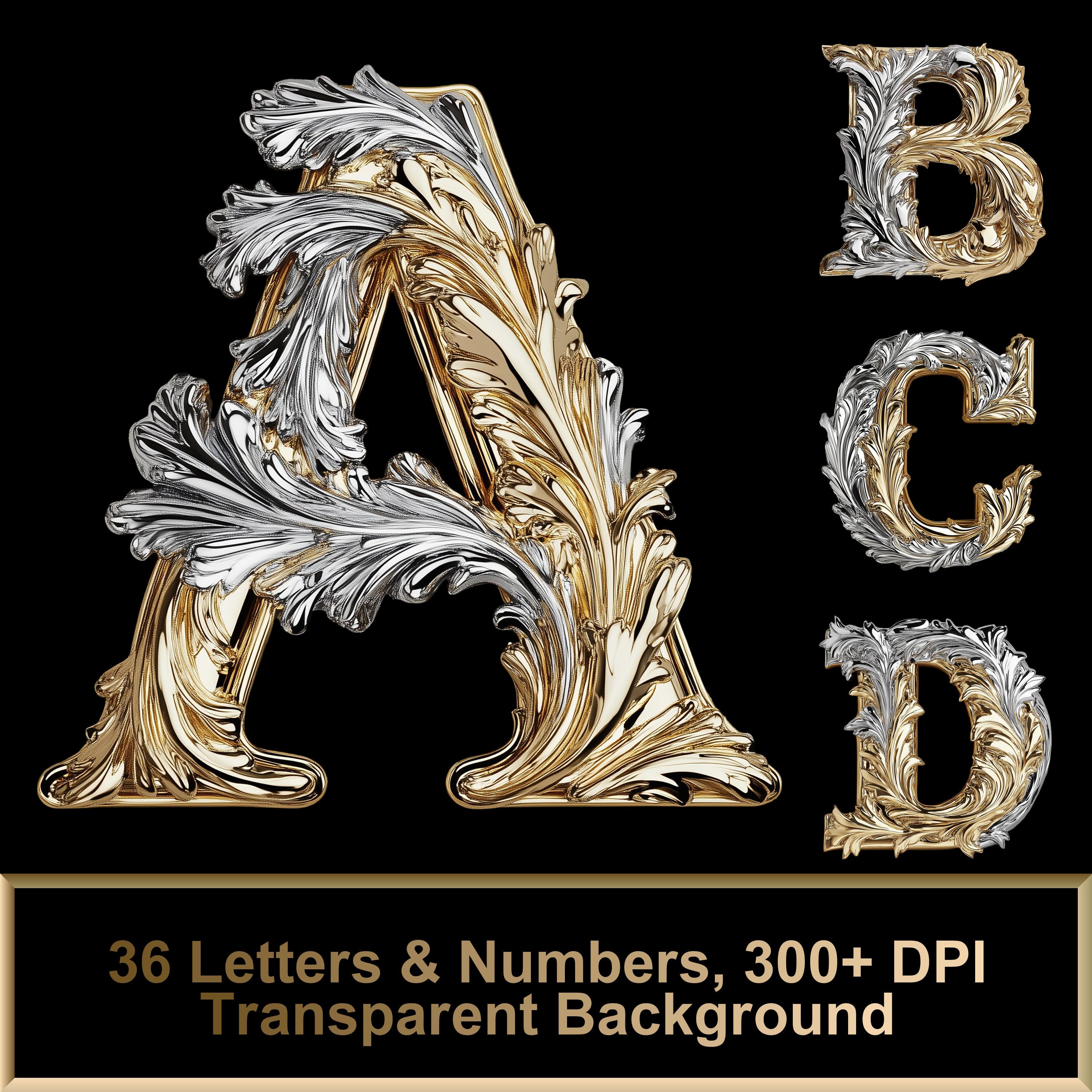 Silver Leaf Alphabet PNG – 36 Letters & Numbers | High-Res, Transparent, Luxury Font, Digital Download, Egypt Font, Elegant Typography