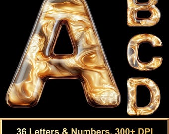 Liquid Gold Alphabet PNG – 36 Letters & Numbers | High-Res, Transparent, Luxury Font, Digital Download, Gold Lettering, Elegant Typography