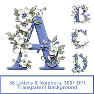 Könnte beinhalten: Blaue und weiße Blumenalphabetbuchstaben A, B, C und D mit einem dekorativen Schwung. 36 Buchstaben & Zahlen, 300+ DPI Transparenter Hintergrund.