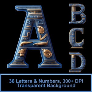 May include: Blue and gold stylized letters A, B, C, and D with Egyptian hieroglyphics. 36 Letters & Numbers, 300+ DPI Transparent Background.