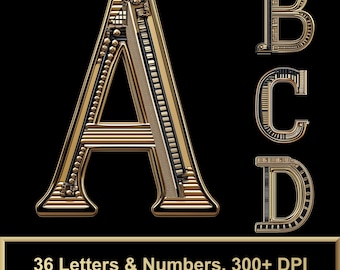 Obsidian Gold Alphabet PNG – 36 Letters & Numbers | High-Res, Transparent, Luxury Font, Digital Download, Egypt Font, Elegant Typography
