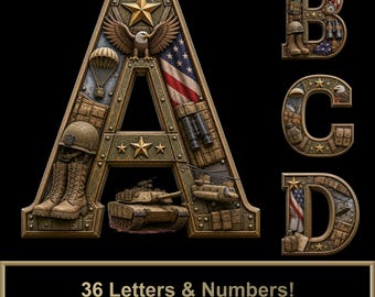 United States Army Alphabet Clipart PNG, Military Letters and Numbers Bundle
