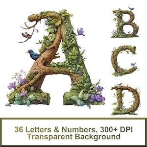 Alfabeto de jardín aviar PNG: 36 letras y números / Alta resolución, transparente, fuente de lujo, descarga digital, letras de fuente, tipografía de aves