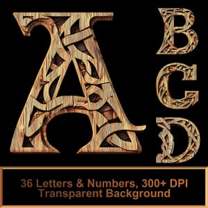 Puede incluir: Un conjunto de 36 letras y números de madera con un diseño tallado intrincado. Las letras son A, B, C y D. El fondo es transparente.