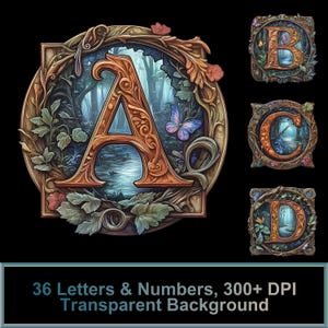 Alfabeto del bosque élfico PNG: 36 letras y números / Fuente de fantasía, alta resolución, fondo transparente, fuente de lujo, descarga digital