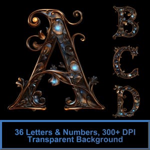 Op de afbeelding: Gedetailleerde gouden en blauwe letters A, B, C en D met bloemmotieven. 36 letters & cijfers, 300+ DPI Transparante achtergrond.