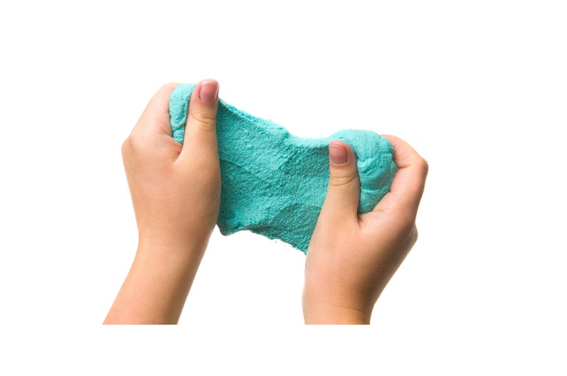 May include: A pair of hands holding and squeezing a bright turquoise slime. The slime is soft and textured, and the hands are gently pressing it together.