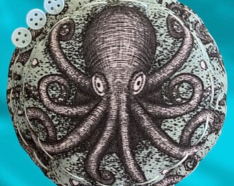 Octopus Pincushion. Double Layer. Handmade. Designer Fabric. Great Gift. Steampunk. Art Deco Look. Unique Disk Shape. Ship U.S. Only.