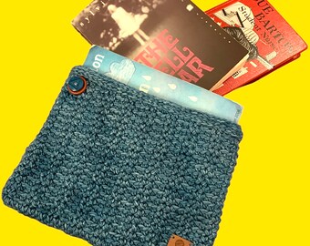 Crochet Book Sleeve. Boutique Hand Dyed Merino Yarn.  Deep Denim Variegated Hues. Vintage Buttons. Free Ship U.S. Only.