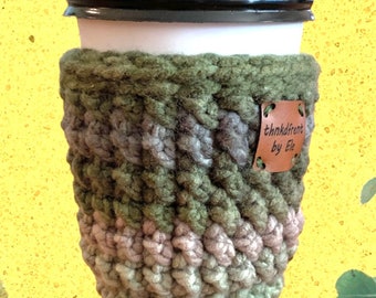 Crochet Coffee Cup Cozy. Handmade. Great Price. Premium Yarn. Cool Variegated Woodsy Colors.  Ship U.S. Only.