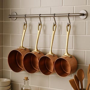 Vintage French Copper Cookware Set, Tin Lined Pans, Brass Handles