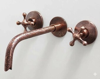 Grifo mural de latón y cobre de inspiración marroquí, con manijas en forma de cruz, estilo vintage para baño.