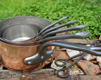 May include: A set of copper pots and pans with silver handles, nested together. The pots are on a wooden surface with the words "Thym Romarin" visible. A pair of metal tongs rests nearby, with a green background.