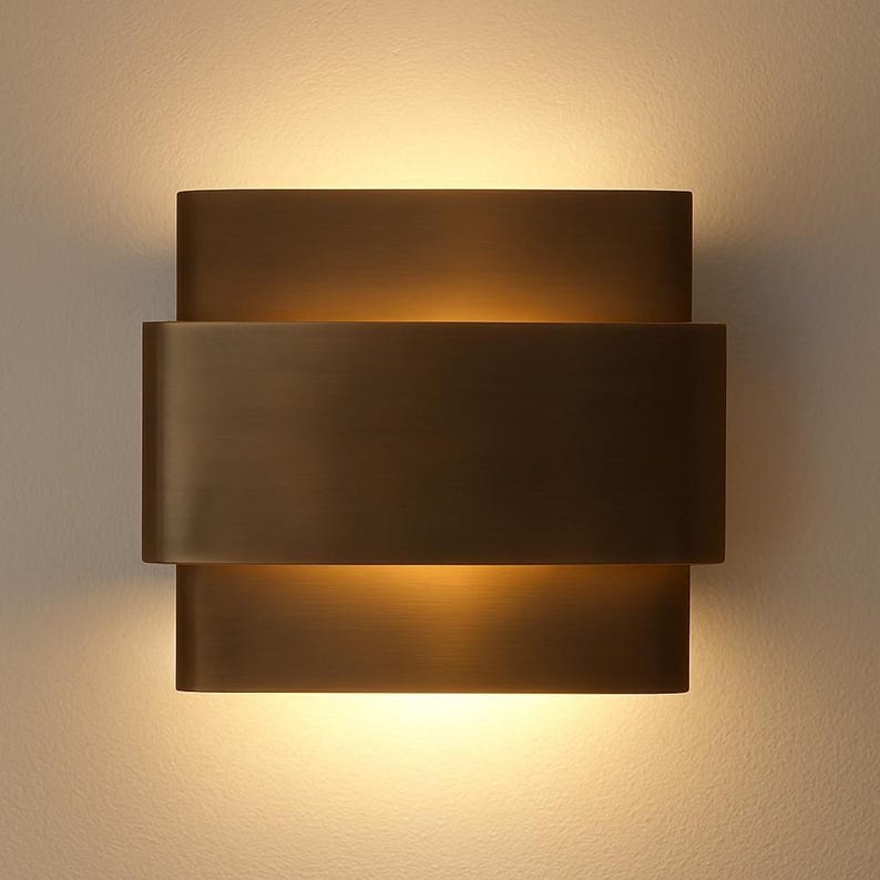 May include: A bronze-colored, modern wall sconce with a layered design. The sconce has a rectangular shape with three horizontal sections, emitting a warm, inviting light. The fixture is mounted on a neutral-colored wall, creating a minimalist aesthetic.