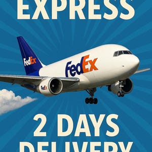 May include: A white FedEx cargo plane in flight against a blue background. The image includes the text "FAST SHIPPING EXPRESS" and "2 DAYS DELIVERY". The FedEx logo is visible on the plane's tail and fuselage.