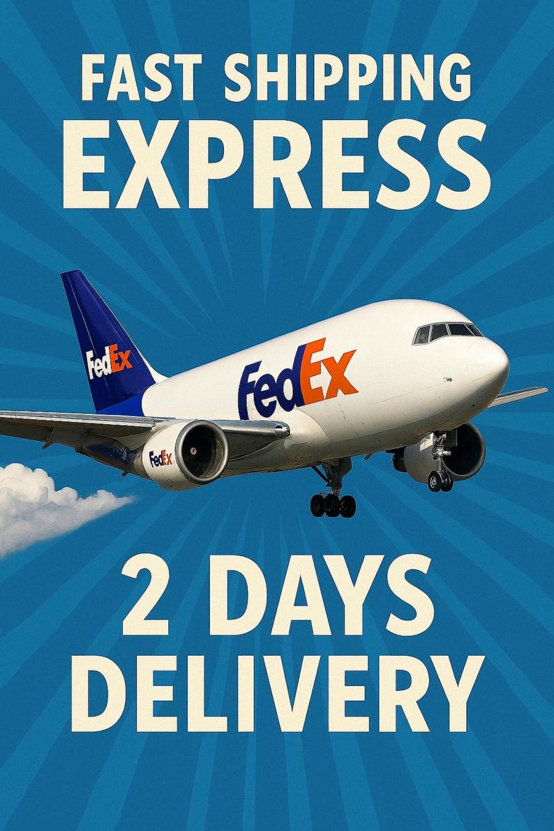 May include: A white FedEx cargo plane in flight against a blue background. The image includes the text "FAST SHIPPING EXPRESS" and "2 DAYS DELIVERY". The FedEx logo is visible on the plane's tail and fuselage.