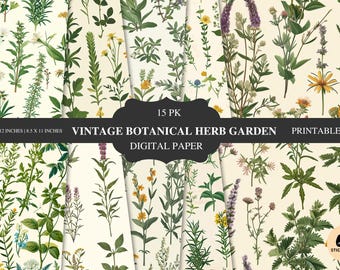 Vintage Botanical Herb Garden Digital Paper Pack | Cottagecore Scrapbooking | 12x12 Printable Botanical Backgrounds | Junk Journal/Ephemera