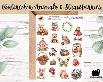 Watercolor Animals and Strawberries Stickers for Planners & Journals | Cottagecore Decorative Junk Journal Stickers | Summer Scrapbooking