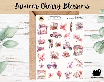 Summer Cherry Blossoms Stickers for Planners & Journals | Pink Cottagecore Decorative Junk Journal Stickers | Floral Scrapbooking Stickers