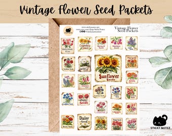 Vintage Flower Seed Packets Stickers for Planners & Journals | Cottagecore Garden Decorative Junk Journal Stickers | Botanical Scrapbooking