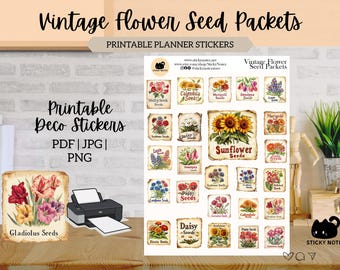 Vintage Flower Seed Packets Printable Stickers for Planners & Journals | Gardening Decorative Stickers | Flower Garden Scrapbook Download