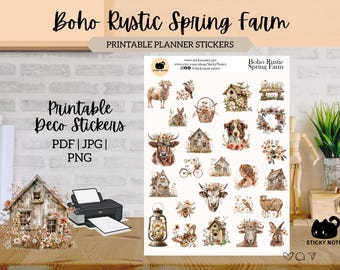 Boho Rustic Spring Farm Printable Stickers for Planners & Journals | Boho Farm Decorative Stickers | Cottagecore Scrapbook Download